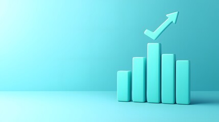 Poster - 3D bar chart and upward arrow on cyan background symbolizing business growth, success, financial progress, and positive financial trend.