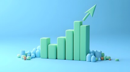 3D bar chart with an upward arrow representing growth and success in business isolated on blue background.