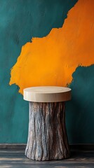 Wall Mural - A wooden stump sits in front of a green wall with an orange stripe