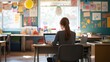 © keetazalay - A serene image of a young teacher sitting at a desk in an empty classroom, preparing lesson plans on a laptop, with the classroom neatly arranged, colorful decorations on the walls, and a sense of