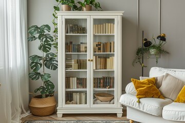 Wall Mural - White storage cabinet with glass doors, solid wood structure, modern living room and bedroom decor, shelves for books and accessories.