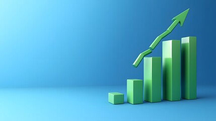 3D bar chart with increasing trend on blue background, symbolizing business growth, success, and financial progress.