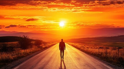 Wall Mural - Man Walking Towards the Sunset on a Country Road.