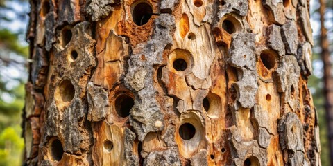 Wall Mural - Rough, wrinkled, and weathered Austrian pine tree bark with numerous characteristic holes, a testament to the persistent foraging of woodpeckers and sapsuckers in a natural environment.