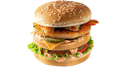 Double fish fillet burger isolated on transparent background, PNG