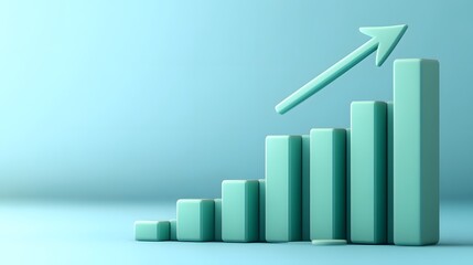 3D bar graph rising with a green arrow indicating growth on a blue background, symbolizing business success and financial increase.