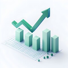 3D bar graph with an upward arrow, representing growth and progress in financial or business data on a grid background.