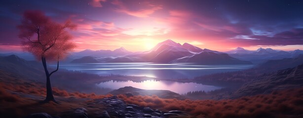 A serene landscape at sunset with mountains reflecting in a tranquil lake, surrounded by colorful foliage. Perfect for nature themes.