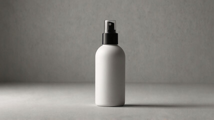 A white spray bottle with a black nozzle, positioned on a neutral surface, suitable for face mist or toners.