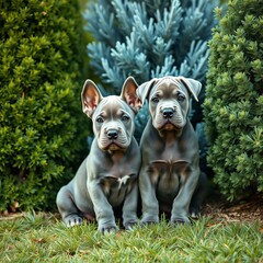 Wall Mural - Two cute gray cane corso puppies sit between a blue spruce and a boxwood bush in the garden radiating sweetness and tranquility cane corso puppies Ultra realistic Photorealistic 