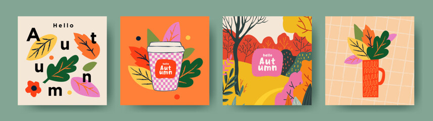 Wall Mural - Set of trendy art style abstract autumn greeting card, poster, cover, with bright leaves and autumn forest. Fall print, web banner, flyer design. Template for ads, social media and season decoration