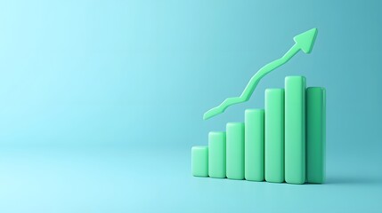 3D graph with green bars and upward arrow on blue background symbolize growth, success, and business progress.