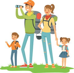 Sticker - Family camping. Parents and kids outdoor travel illustration