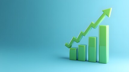 Poster - 3D green bar graph with an upward arrow representing growth and progress on a blue background, symbolizing success and financial gain.