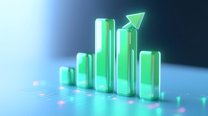 Poster - 3D green bar graph with upward arrow symbolizing financial growth or success on a glowing background.