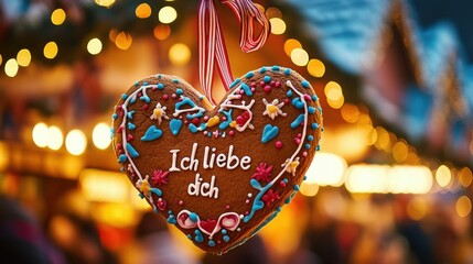 A vibrant close-up of a gingerbread heart cookie at Oktoberfest, intricately decorated with icing and colorful patterns, with the words 