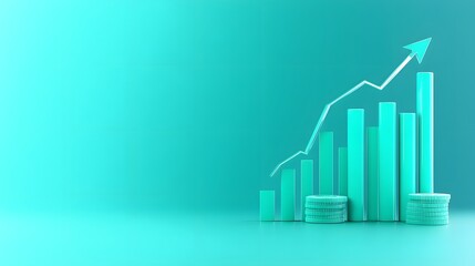 3D render of a financial bar graph with an upward arrow and stack of coins, symbolizing growth and success.