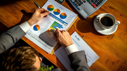 Poster -  a businessman is carefully reviewing financial reports at his desk. charts, graphs, a calculator, and a cup of coffee to create a focused and analytical mood, business financial audit concept 