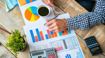 Poster -  a businessman is carefully reviewing financial reports at his desk. charts, graphs, a calculator, and a cup of coffee to create a focused and analytical mood, business financial audit concept 
