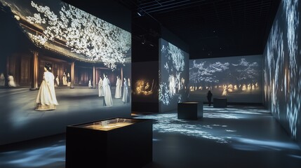 Poster - Art installation featuring illuminated projections of traditional scenes and cherry blossoms in a gallery setting at night
