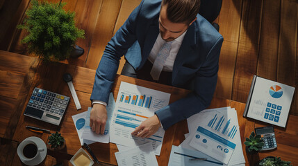 Poster -  a businessman is carefully reviewing financial reports at his desk. charts, graphs, a calculator, and a cup of coffee to create a focused and analytical mood, business financial audit concept 