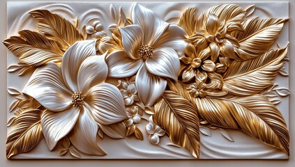 Sticker - A 3D illustration of beautiful golden flowers and branches on a light background. Ideal for a postcard.