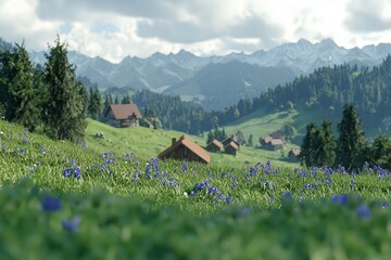 Poster - A summer landscape with green grass, trees and bushes under a blue sky with flowers