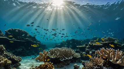 Underwater scene with vibrant coral formations and various species of fish swimming in clear blue water.