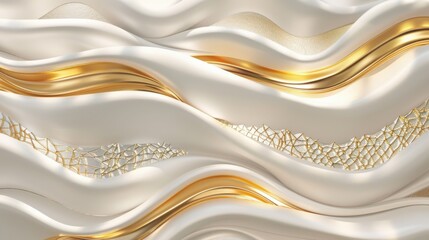 Poster - Elegant abstract waves of white and gold create a luxurious and modern texture, perfect for backgrounds or design elements.