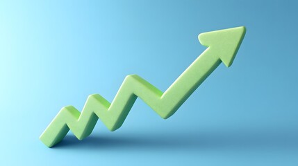 Green 3D arrow shows growth trend on blue background, symbolizing business success and financial progress.