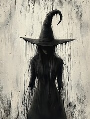 Evil Witch. Halloween illustrated poster drawing in grunge style art. Generative Ai