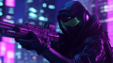 Poster - Three-dimensional illustration of a cyberpunk girl in tight black clothes, wearing a hooded leather jacket and wearing a night vision helmet.