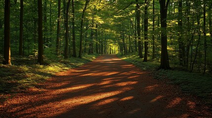 Poster - A dirt path winds through a lush green forest, dappled sunlight casting long shadows on the ground.