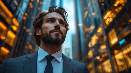 businessman standing with blurred buildings background