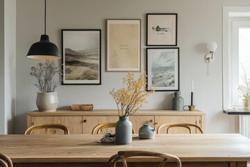 Poster - A room with a wooden table and chairs, a vase of flowers on the table