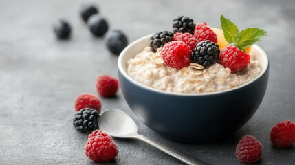 Wall Mural - A bowl of fresh fruit oatmeal with yogurt and berries, a healthy breakfast option