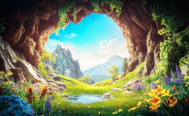 Poster - CG Artwork, Concept Illustration, Realistic Cartoon Style Scene Design, Alien Planet with a Mountain and Cave in Fantastic, Realistic, and Futuristic Style. An Alien Planet Scene Design with a CG