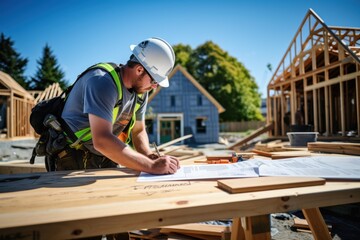 Wall Mural - A man wearing a hard hat and safety vest is writing on a piece of paper