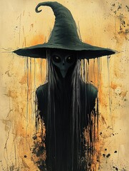 Evil Witch. Halloween illustrated poster drawing in grunge style art. Generative Ai