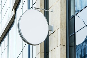 Wall Mural - An empty display stand with a circular sign board mockup is displayed on the outside of a beige concrete wall