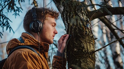 Young man in a brown jacket listening to music with headphones and looking at a tree trunk in the forest.