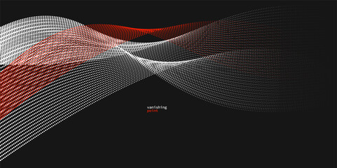 Poster - wave of flowing vanishing particles vector abstract background, red and black curvy lines dots in mo