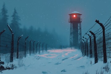 Poster - A snowy landscape with a lighthouse and a fence