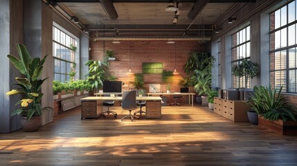 Wall Mural - Open-plan office work room with collaborative workspaces and plants Realistic Octane