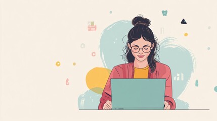 Wall Mural - A young woman working on a laptop, analyzing digital marketing data, with a light solid color background