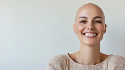 Canvas Print - A woman with a shaved head is smiling and looking at the camera