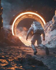 Poster - The tunnel is surrounded by rocks and the man is carrying a backpack