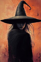 Evil Witch. Halloween illustrated poster drawing in grunge style art. Generative Ai