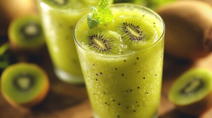 Wall Mural - A glass of green juice with a few kiwi slices on top