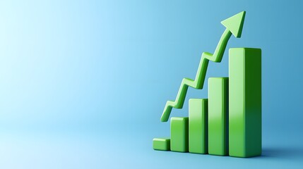 Green bar graph with upward arrow on blue background symbolizing growth, progress, and successful business or financial performance.